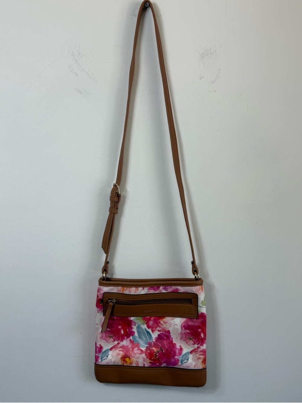 Rosetti Pink Watercolor Floral Crossbody Bag Vegan Leather Trim Romantic Spring - Picture 2 of 9